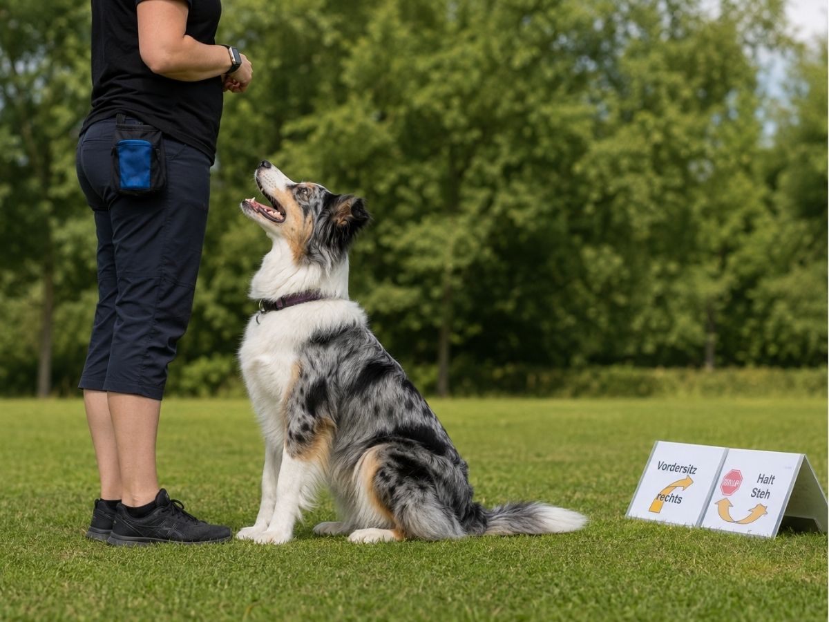 Hund zeigt einen aufmerksamen Vorsitz beim Rally Obedience